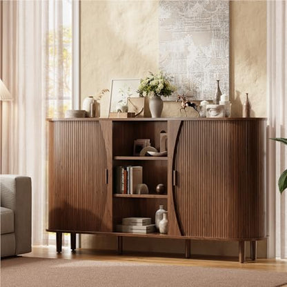 59" Curved Sideboard Cabinet with Storage Adjustable Shelf Walnut, view 6