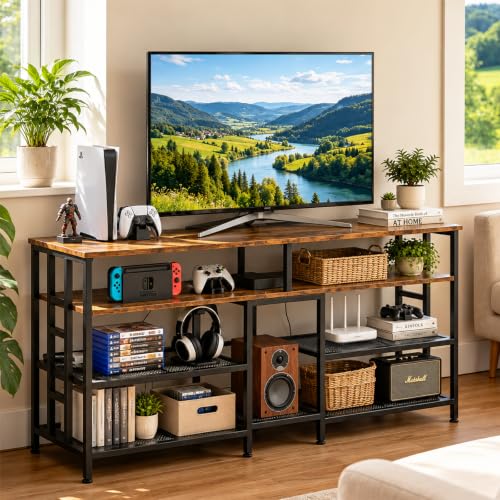 55 Inch Wide TV Stand with Power Outlets, LED Strip Lights, view 2