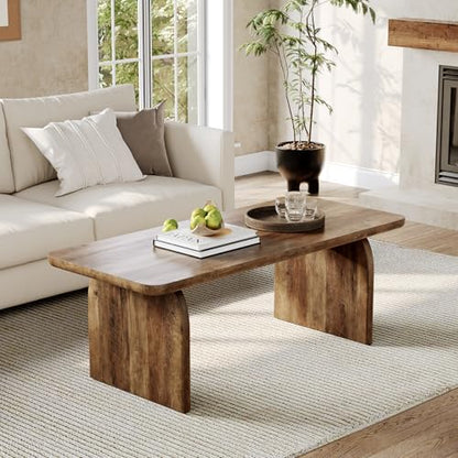 Farmhouse Coffee Table, 47 Inches Wooden Center Tables with Rounded Corners, Rectangular Living Room Tables, Modern Low Cocktail Tea Furniture for Living Room (Rustic Brown)