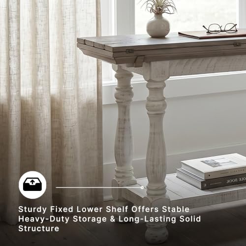 Signature Design by Ashley Havalance Farmhouse Sofa Table, Flip Top Design for Additional Dining Space and Fixed Lower Shelf, Gray & White with Weathered Finish
