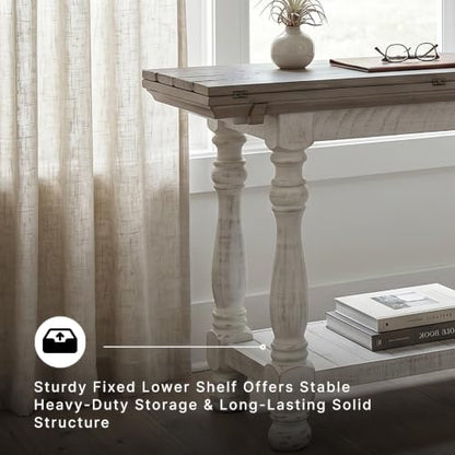 Signature Design by Ashley Havalance Farmhouse Sofa Table, Flip Top Design for Additional Dining Space and Fixed Lower Shelf, Gray & White with Weathered Finish