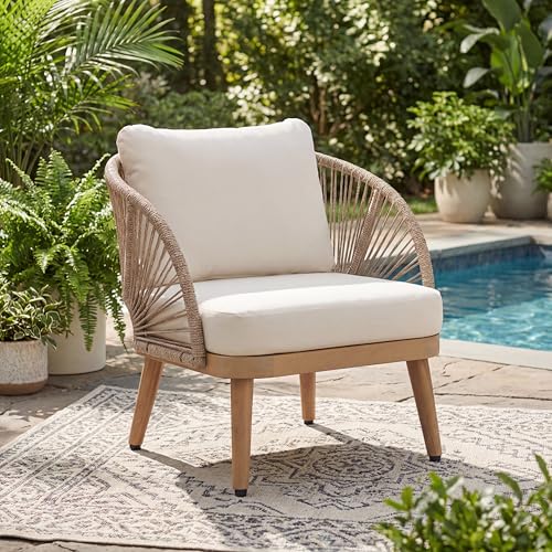 Lydia Boho Patio Furniture Acacia Wood Club Chair, Outdoor Lounge Chair, Modern Tub Accent Chair with Rope Woven and Removable Cushions, Deep & Sturdy Seating, Natural+Beige