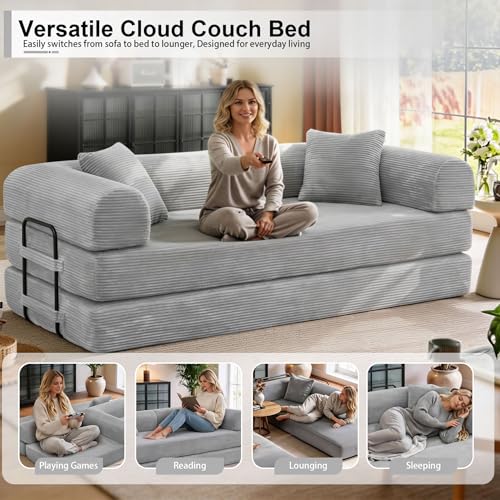 78 inch Sofa Bed 4-in-1 Boneless Convertible Corduroy Sleeper Folding Couch with Fixed-Shape Frame and 2 Futons No Assemble Required 3 Seater Upholstered for Living Room (Light Grey, 78 inch)