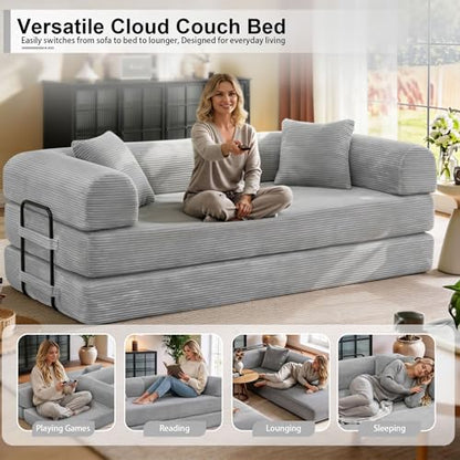 78 inch Sofa Bed 4-in-1 Boneless Convertible Corduroy Sleeper Folding Couch with Fixed-Shape Frame and 2 Futons No Assemble Required 3 Seater Upholstered for Living Room (Light Grey, 78 inch)
