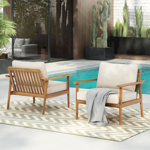 Batis Acacia Wood Lounge Chair Outdoor Set of 2, Wooden Patio Accent Chair Set, Comfy Reading Seat with Removable Cushion, Patio Furniture Set, Teak+Beige