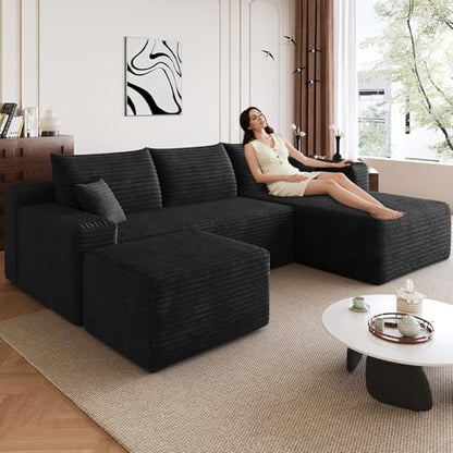 Boneless Cloud Couch Comfy Sectional Couches for Living Room,U Shaped Sofa Couch in a Box with Ottoman Deep Seat Memory Foam Compressed Sofa(Black, 95" Right Facing Chaise)