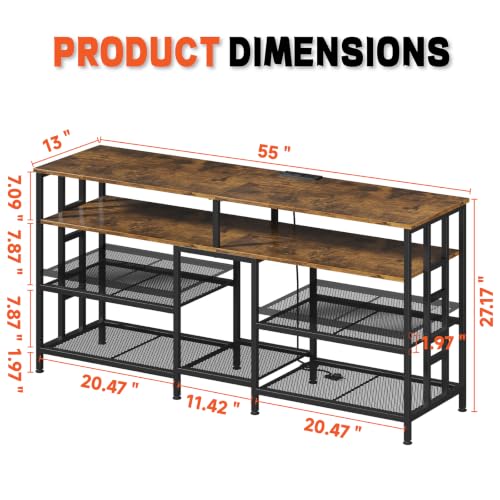 55 Inch Wide TV Stand with Power Outlets, LED Strip Lights, view 3