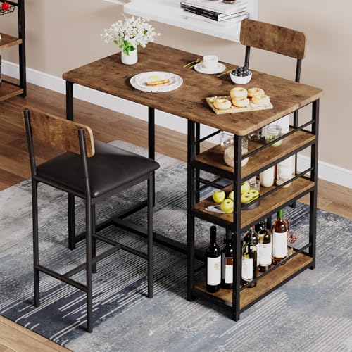 Dining Table Set for 2 with 3 Storage Shelves, 3-Piece Counter Height Kitchen Table Set with 2 Upholstered Bar Stools, Bar Table and Chairs Set for Small Space, Brown