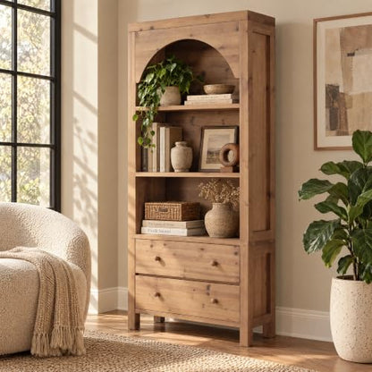 70" Solid Wood Tall Bookshelf with 3-Tier Shelves and 2 Drawers, view 4