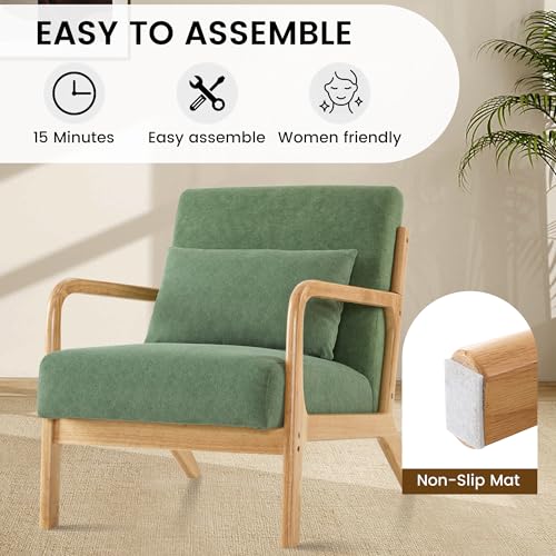 Mid Century Modern Accent Chair with Lumbar Pillow, Upholstered Chair for Living Room, Accent Chair with Solid Wood Frame Reading Chair Armchair for Bedroom Small Spaces, Green