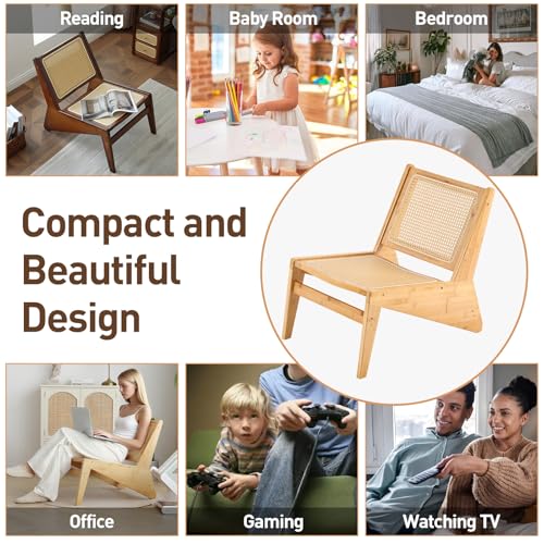 Mid Century Rattan Accent Chair, Bamboo Wood Lounge Chair with Woven Cane Backrest, Low Armchair for Living Room, Bedroom, Balcony or Reading Corner, Natural
