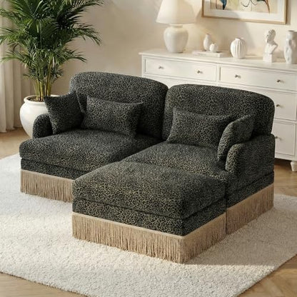 Modular Sectional Leopard Print Couch w/Ottoman,Modern 2-Seat L-Shaped Cloud Couch,Pillows,Tassel Fringe Skirt,High-Resilience Foam Sofa,Easy Assembly for Living Room,Apartment(Gre-Blk 69.2")