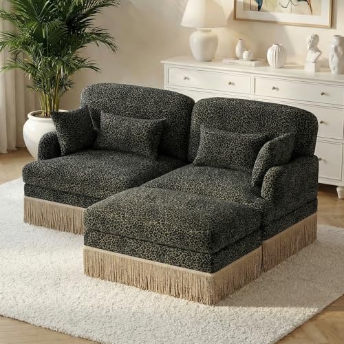 Modular Sectional Leopard Print Couch w/Ottoman,Modern 2-Seat L-Shaped Cloud Couch,Pillows,Tassel Fringe Skirt,High-Resilience Foam Sofa,Easy Assembly for Living Room,Apartment(Gre-Blk 69.2")