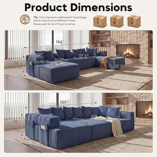 Oversized Cloud Boneless Couch with Chaise, 146" Modern U Shape Modular Deep Seat Sectional Sofa, Comfy Corduroy Upholstered Couches for Living Room, No Assembly Required-Blue