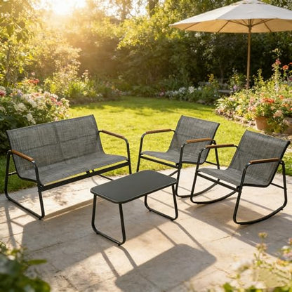 4-Piece Outdoor Patio Furniture Set with Textilene Chairs, Metal Conversation Set, Tempered Glass Coffee Table, Powder-Coated Steel Frame for Garden, Poolside, Backyard Gray