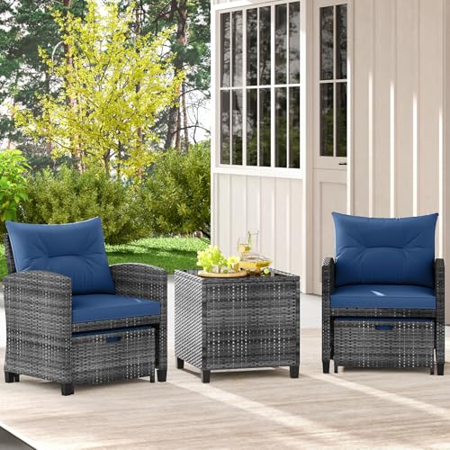 5 Pieces Patio Conversation Set, PE Wicker Rattan Outdoor Furniture Set with 2 Chairs, 2 Ottomans & Tempered Glass Coffee Table, Ideal for Poolside, Backyard, Lawn, Deck, Mix Grey & Navy