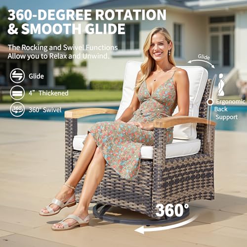 7 Pieces Patio Furniture Sets, PE Wicker Outdoor Conversation Sets with 2 Wood Armrests Swivel Rocker Chairs, 2 Ottomans,3-seat Sofa and Dining Table (Beige)