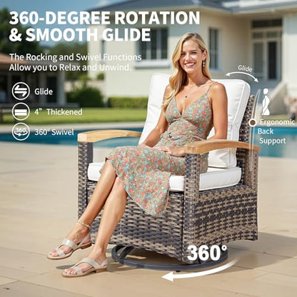 7 Pieces Patio Furniture Sets,PE Wicker Outdoor Furniture Conversation Sets with 2 Wood Armrests Swivel Rocker Chairs, 2 Ottoman, 3-seat Sofa and Coffee Table(Beige)
