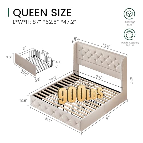 Queen Size Bed Frame with 4 Storage Drawers and 47.2" Tall Tufted Headboard, view 4