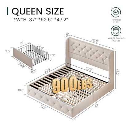 Queen Size Bed Frame with 4 Storage Drawers and 47.2" Tall Tufted Headboard, view 4