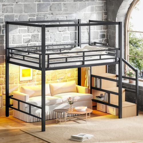 Queen Size Metal Loft Bed Frame with with Canopy Frame & Storage Staircase, view 5