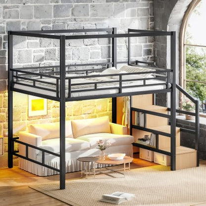 Queen Size Metal Loft Bed Frame with with Canopy Frame & Storage Staircase, view 5