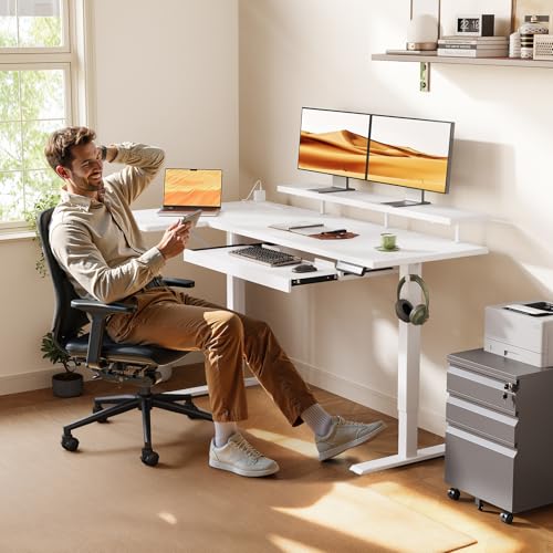 55 Inch Reversible L Shaped Electric Standing Desk, White, view 3