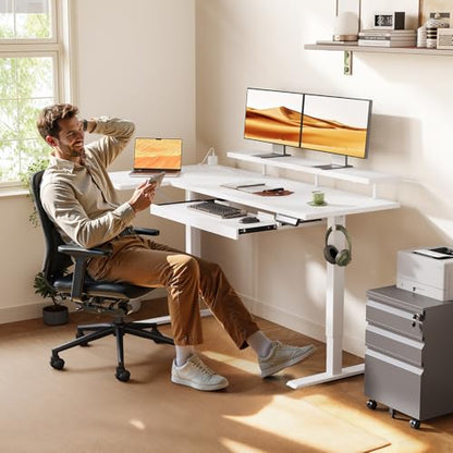 55 Inch Reversible L Shaped Electric Standing Desk, White, view 3