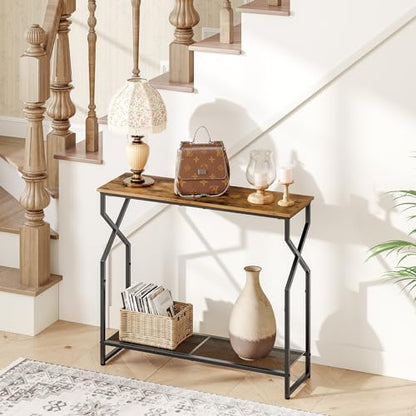 2 Tier Console Table, Sofa Table, Narrow Entryway Table, Hallway Entrance Table, Hourglass-Shaped Frames, Adjustable Feet, for Entrance, Living Room, Hallway, Rustic Brown CTHR21301