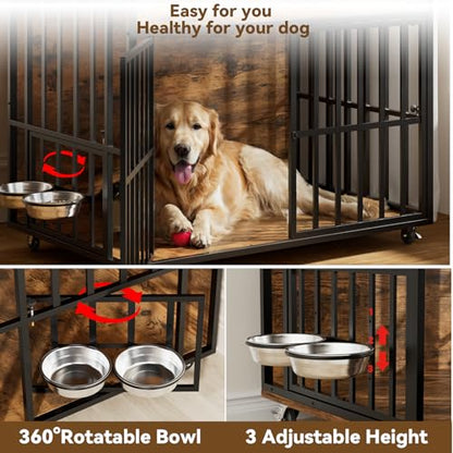 Heavy Duty Large Dog Crate Furniture with 360° Rotatable Bowls & Wheels, view 3