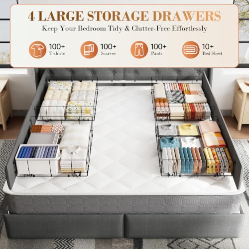 Upholstered King Size Bed Frame with 4 Storage Drawers and LED Lights, view 7