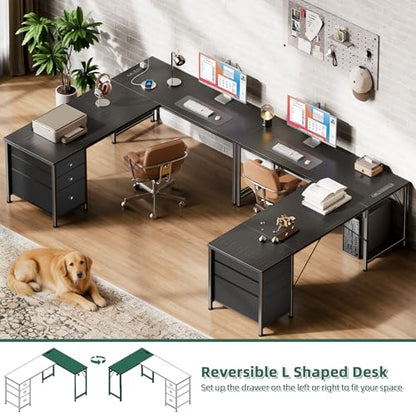 63" L Shaped Computer Desk with Power Outlet & USB-C Port, Reversible Home Office Desk with 2 Fabric Drawers, File Cabinet, Hooks, Large Corner Table for Gaming, Writing, Work, Black