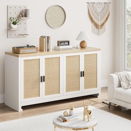 GAOMON 60" Rattan Buffet Cabinet - 4-Door Woven Storage Sideboard with Adjustable Shelves, White Farmhouse Console Table for Dining Room, Living Room & Entryway