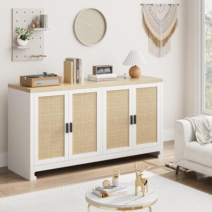GAOMON 60" Rattan Buffet Cabinet - 4-Door Woven Storage Sideboard with Adjustable Shelves, White Farmhouse Console Table for Dining Room, Living Room & Entryway