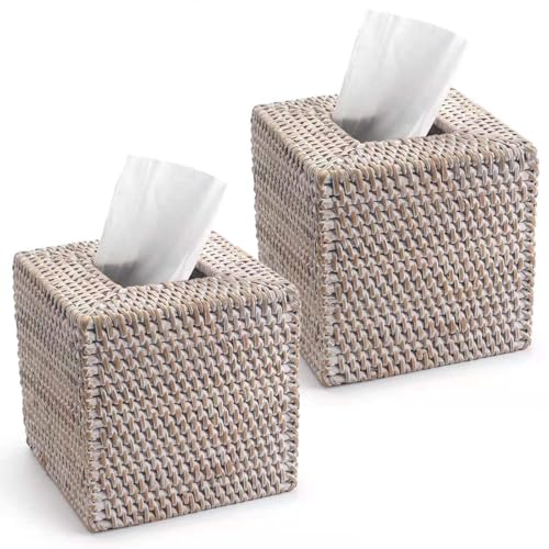 Whitewash woven rattan tissue box covers, pack of two, view 2