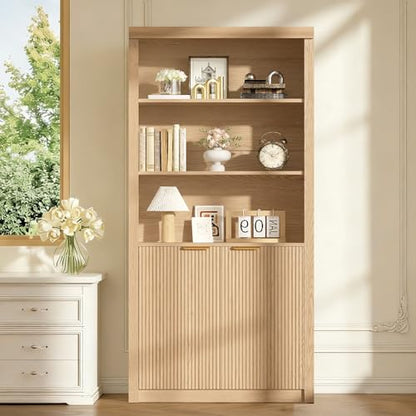 Modern Tall Book Shelf and Bookcase, 31.5"Wide Bookshelf with Doors, Farmhouse Book Case with Adjustable Top Shelf, Wood Storage Cabinet with 5 Tier Display Shelves for Home Office, Living Room,Oak