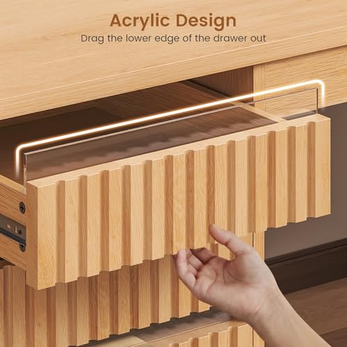 55.1" Fluted Office Desk with 6 Drawers, Modern Executive Desk with Acrylic File Drawers, Computer Desk with Power outlets for Home Office and Study, Natural