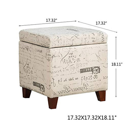 Fabric Script Pattern Cube Storage Footstool, Hinged Lid, Solid Wood Legs, 18" Height Ottomans & Storage Ottomans, Cream White