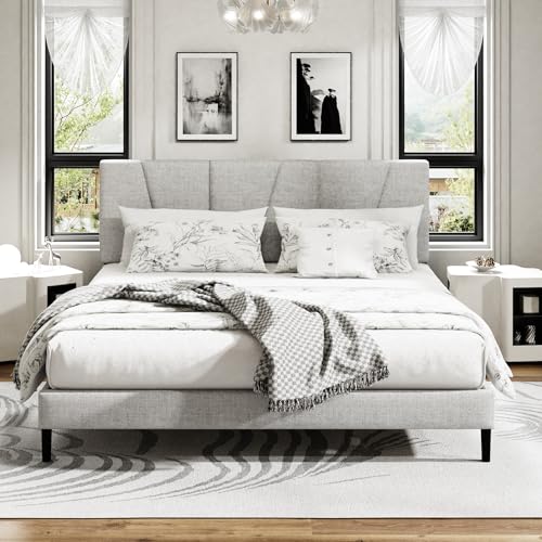 Queen Size Platform Bed Frame with Upholstered Headboard, Wooden Slats Support, view 2