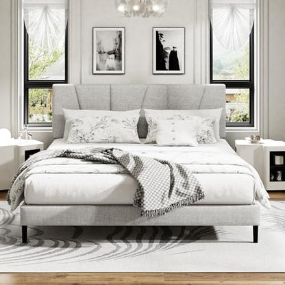 Queen Size Platform Bed Frame with Upholstered Headboard, Wooden Slats Support, view 2