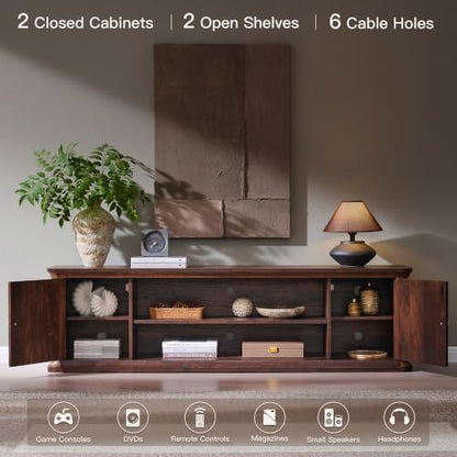 Modern 70" TV Stand w/Storage, Wood Curved TV Console, Brown, view 5