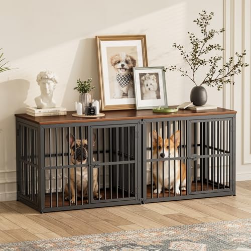 66'' Dog Crate Furniture for 2 Small to Medium Dogs, Walnut, view 2