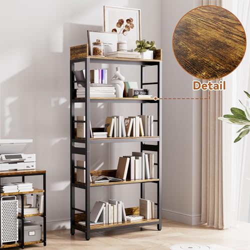 Bookshelf, 66" H 5-Tiers Heavy Duty Industrial Shelving Wood & Metal Bookcase, Rustic and Black Tall Shelf Units for Home, Office, Living Room