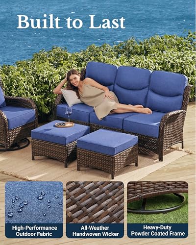 Luxury Outdoor Furniture High Back Patio Sofa, Oversized 3-Seater Couch with 6'' Thick Cushions, Ideal for Porch, Poolside, Deck, and Yard(Blue)