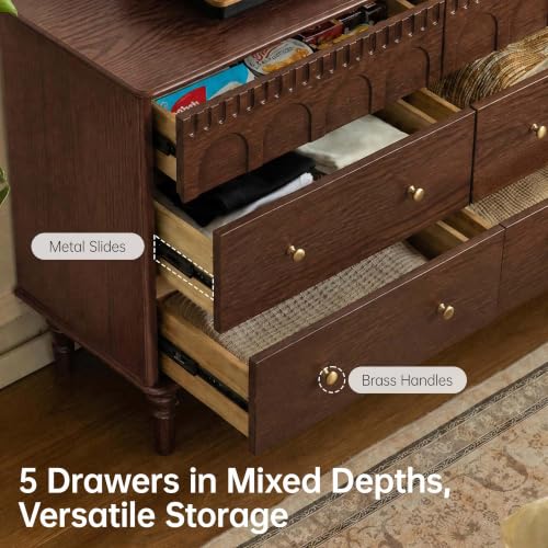Solid Wood Nightstand, 5 Drawer Walnut Side Table, view 7