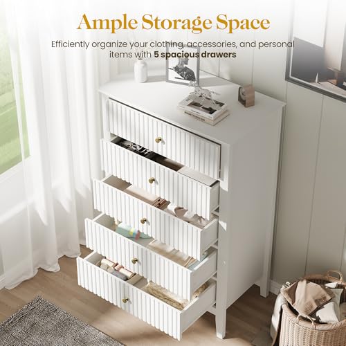 White Fluted 5 Drawer Dresser for Bedroom, Tall Chest of Drawers, view 5