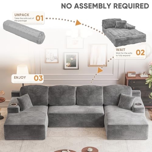 142" Boneless Couch, Modular Sectional Sofa, No Assembly Required, Memory Foam Filling, Corduroy U-Shaped Sofa, Movable Multi-Person Couch for Living Room (Grey)