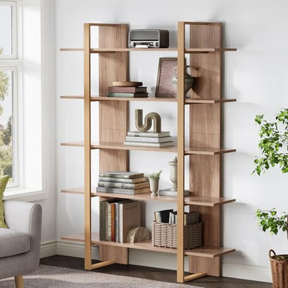 Tribesigns 5-Tier 47 Inches Bookshelf Bookcase, Boho Open Bookshelves Etagere Display Office Shelving Unit, for Living Room, Office & Bedroom, Metal & Wood, Retro Dark Brown