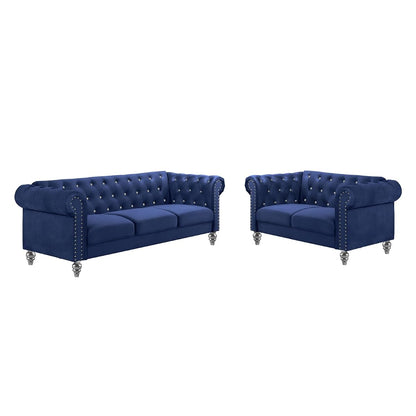 Chesterfield Velvet Sofa and Loveseat Set - 2 Piece Living Room Furniture Set Royal Blue