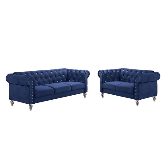 Chesterfield Velvet Sofa and Loveseat Set - 2 Piece Living Room Furniture Set Royal Blue